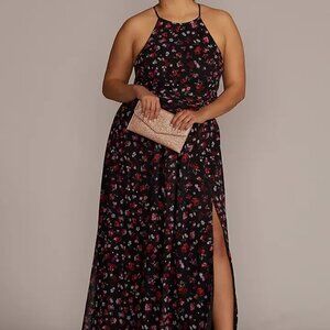 NWOT Black Multi Floral Print HAlter A-lined Dress with Slit size 22